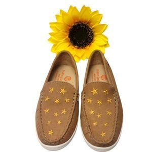 Brown Leather Loafers Yellow Stars Girls Size 11.5 Marc Joseph NWOT Light Brown